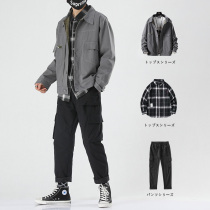 Work jacket mens spring and autumn Korean trend denim suit mens set with handsome clothes jacket three-piece set