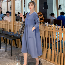 Pregnant women dress spring new 2021 hot mom fashion style base sweater big pocket tide mother long sweater