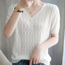 Vneck hollow knitted short sleeve womens T-shirt 2021 summer new foreign style chicken heart collar half sleeve thin base shirt