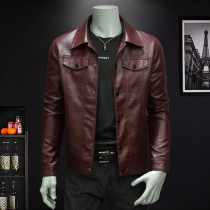 Wine red leather clothes mens spring and autumn slim down collar casual soft leather jacket Han version Mens leather handsome gas locomotive jacket