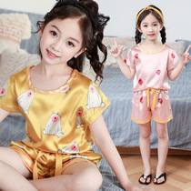 Girls  pajamas ice silk suit Summer two-piece set Net red home clothes Summer new suit Middle and large childrens air conditioning clothes