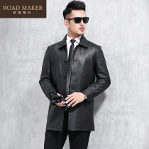 ROADMAKER AUTUMN new deerskin LEATHER clothing MENs LEATHER LAPEL BUSINESS medium-long windbreaker leather jacket THIN section