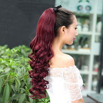 Wig Girl Long Curly Hair Big Wavy Fluffy Pear Blossom Ponytail Real and Fake Medium Long Hair Curly Wine Red Simulation Hair Ponytail