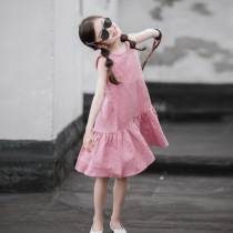 Girls cotton and linen dress summer dress net red foreign atmosphere in big children Korean version of lotus leaf edge beach skirt childrens princess dress