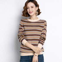 Early autumn temperament plus size womens clothing 2021 new trendy foreign style fat mm age-reducing thin long-sleeved striped bottoming shirt top