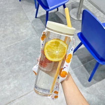 (filter straw cup) juice cup bottle glass plastic cup lemon cup mesh red mug straw cup 700ML