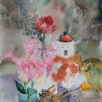 (originally made) Central American Academy Xiao sunny < Little Bear Pendulum Piece > Unmounted 36 * 48cm paper This watercolor painting