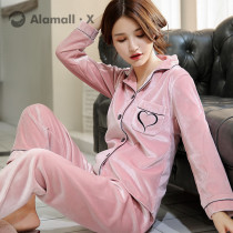 Japanese warm pajamas womens golden velvet autumn and winter home wear suit plus velvet padded long sleeve cardigan can be worn loose