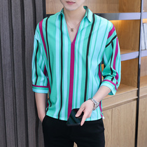 Summer 70% sleeves male Korean version Rainbow striped half sleeve V collar POLO shirt youth student ice silk compassionate undershirt