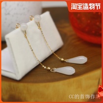 No pierced ears 18k gold glitter chain white jade orchid long ear clip three-petal flowers wear painless temperament earrings on both sides