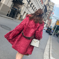 dearyan2021 new red Mona sheep fur one-piece fur coat long lamb coat