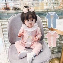 Newborn baby lace lotus leaf collar jumpsuit spring and autumn female baby Princess 100 days ha clothes newborn full moon spring dress