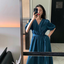 Fa-style retro Platycodon V neckline Herbentresses Superior sensation Lioness Skirt Attendant Light Cooked Ethos Long Skirt Woman Summer Ankles