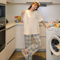 Sleepwear Lady Spring Summer Pure Cotton Korean Version Short Sleeve Long Pants Thin can be worn outside Home Suits Cute sweet and Two suits