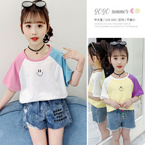 Girls short-sleeved T-shirt summer 2021 new middle and large childrens Korean version of the Western style stitching half-sleeve top tide childrens summer t-shirt