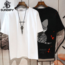  Summer loose cotton short-sleeved T-shirt Korean ins letter cartoon cat fun body T-shirt trend fashion mens clothing