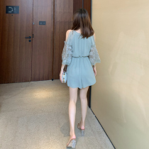  Special off-code clearance loose temperament wide-leg high-waist thin Chiffon off-the-shoulder Western-style waist one-piece shorts