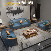 Black gold wood leather sofa head layer cowhide new Chinese style villa living room large and small apartment sofa combination European furniture