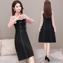 Fake two black one-piece dress Womens autumn clothes 2021 new reduced age light cooked wind splicing crushed flower polo collar skirt