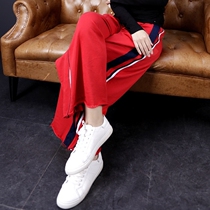 2022 Chunqiu Han version of the new school uniform sports pants loose big code side stripe trendy broadlegged pants female long pants ins