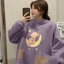 2021 New Japanese hooded plus velvet padded sweater womens coat autumn and winter Korean version of loose cartoon tide ins