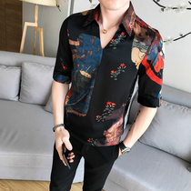 Summer trend printing Half sleeve shirt men Korean version of thin loose handsome hair stylist pullover sleeve shirt tide