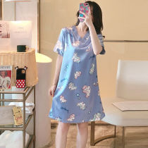 Pajamas female summer thin ice silk summer fat mm spring and autumn very fairy long princess style cute cartoon night dress female
