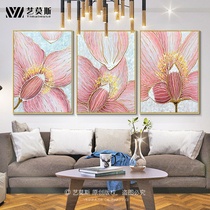 Pure Hand Painted Pink Lotus Oil Painting Modern Living-room Sofa Decoration Painting Restaurant Genguan Light Lavish Hanging Fresco