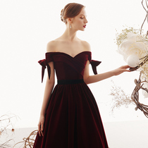 Wine red toast dress 2021 new word shoulder bridal wedding dress long temperament birthday thin banquet woman