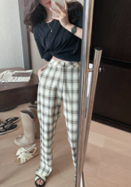 TMH STUDIO RETRO TOWN Plaid West Dress Pants Women Summer Style High Waist Casual Little Subbroadlegged Pants