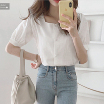 2021 summer new slim foreign style small shirt female temperament Joker bubble sleeve shirt square collar loose white shirt