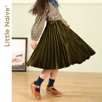 LittleNaive Childrens Velvet Skirt Autumn and Winter Childrens A- line dress Long Girls Pleated Skirt
