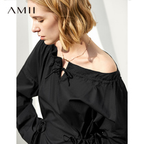 Amii minimalist temperament light cooked wind European goods shirt womens 2021 spring new word collar off-the-shoulder open clavicle top