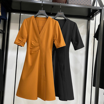 MRMW2021 summer new French vintage V-neck short sleeve long pleated dress female OL temperament thin A- line dress