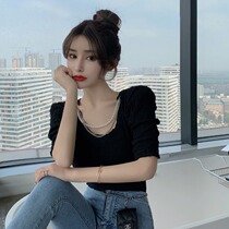 celine pianna black short sleeve T-shirt woman summer workout fashion design sensation small crowdsourced chain bubble sleeve blouse