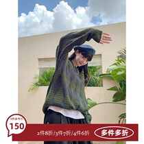 4 pieces of 6-fold moss green park retro contrast diamond plaid antique sweater sweater 3779