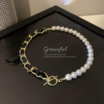 Fashion simple personality neck chain Pearl leather chain T-shaped buckle necklace Net red temperament design