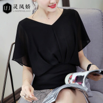 European station waist Belly Belly Belly small shirt loose black chiffon shirt female summer short sleeve new V-neck lace