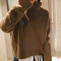 Soft glutinous and silky classic and temperament high collar short profile coffee brown full cashmere sweater