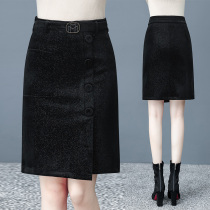 Golden Velvet Skirt Women Autumn and Winter 2021 New High Waist Slim Joker Long Irregular Buttock Skirt