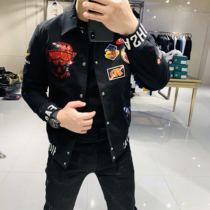 Trendy fashion slip shoulder loose jacket Sequin embroidery label casual jacket male lapel personality handsome mens clothing