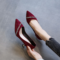 Red low heel soft bottom single shoe 2020 autumn paragraph 100 lap tip with drill high heel woman fine heel 5cm wedding shoes woman