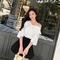 Top foreign style 2021 new chiffon shirt womens short-sleeved shirt super fairy shirt lace off-the-shoulder shirt sweet shirt