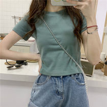 Solid color short sleeve T-shirt female 2021 New Korean slim ins Super fire Joker short paragraph shirt top base shirt tide