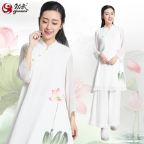 Jinwu new Taiji clothing female cotton and linen hand-painted Lotus Taijiquan clothing autumn short sleeve practice performance clothing