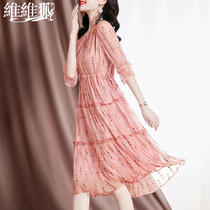 High-end rework embroidery genuine silk dress with dress middle-aged woman 2022 summer fit new mother short sleeve mulberry silk dress