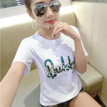 European and American Tide brand 2021 new summer womens sequin nail beads short sleeve T-shirt Han fan loose cotton half sleeve shirt