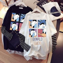 Long-sleeved t-shirt womens top medium-long new Korean ins tide base shirt spring and autumn large size loose cotton fake two pieces