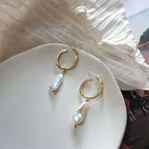 Korean wind minimalist chic 100 hitch ring pure silver ear nail natural profiled fresh water pearl pendant retro earrings