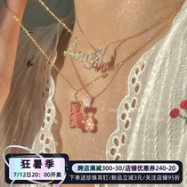 Icing Sugar Bear ● Sweet and spicy Wind Girl Hearts Pink crystal small Bear inlaid with neck Ornament Neck Necklace and Neck Necklace